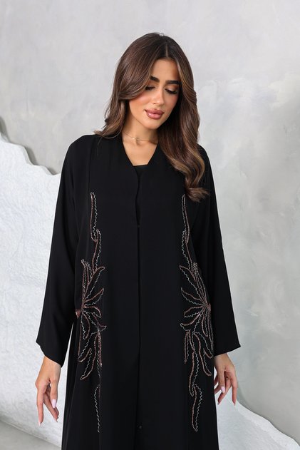 Premium Korean Black Nida Abaya with Bead Embellishment