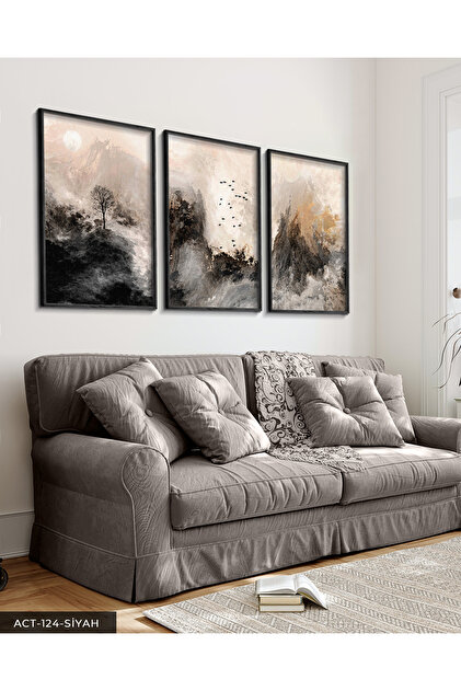 Fırça İzleriyle Modern Sanat 3 Parça Siyah Ahşap Çerçeveli Tablo ACT
