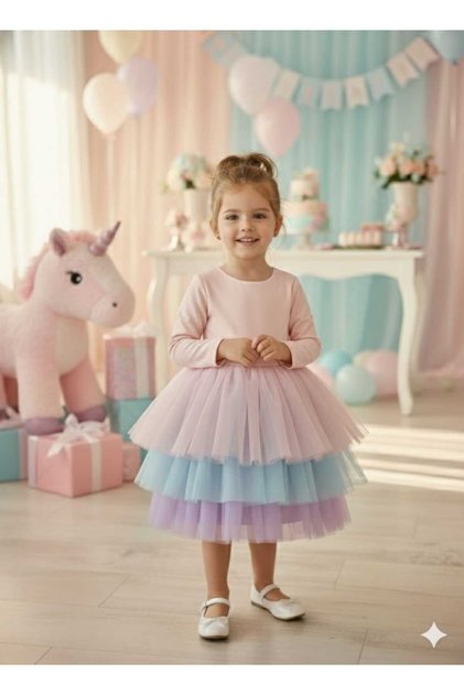 Pembe Düz Jarse Kat Etekli Uzun Kol Kız Çocuk Kız Bebek Elbise