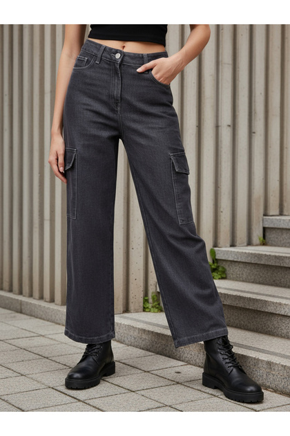 Women Grey Flare Leg Cargo Jeans