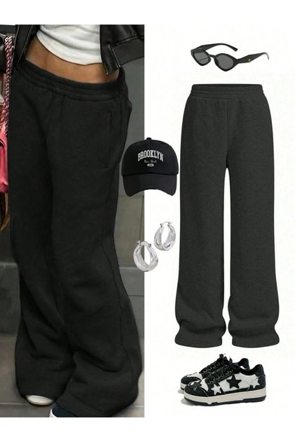 Solid Pocket Detail Elastic Waist Wide Leg Pants
