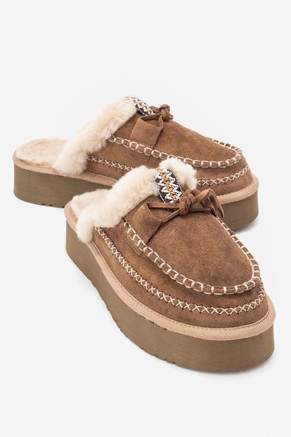Yalina Earth Suede Genuine Leather Stitched Fur Women's Platform Sole Moccasin Slippers