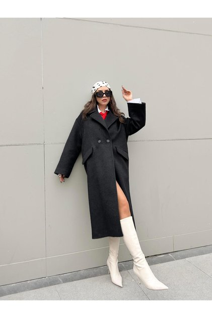 Women's Black Lined Long Oversized Cashmere Coat 30110