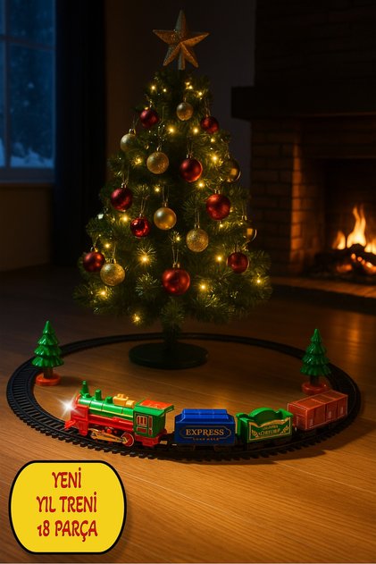 Işıklı Noel Tren Seti Yılbaşı Ağacı Yanı Raylı Oyuncak Pilli Tren Seti 18 Parça