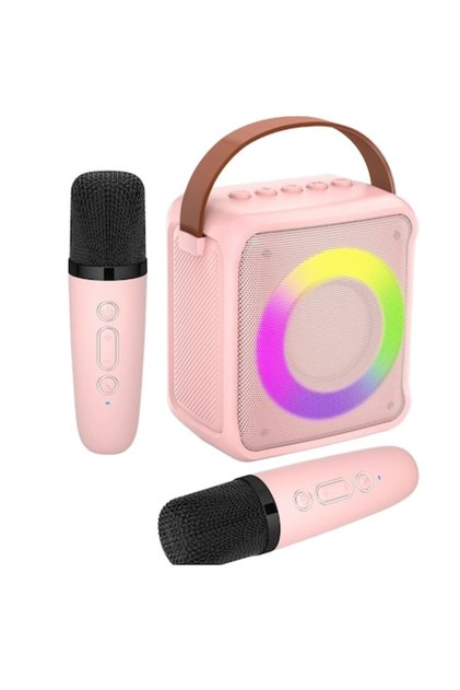 Set microfon karaoke cu difuzor portabil, Bluetooth 5.0, 2 microfoane wireless, LED, MP3/USB/AUX, roz