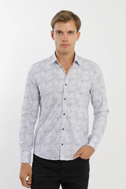 Long Sleeve Snap Fastener Lycra Cotton Patterned Men's Shirt