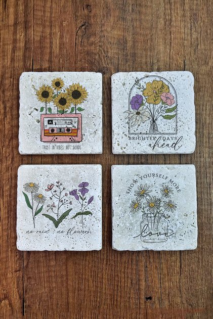 Natural Stone Coaster - Clipart Flower Printed 10X10Cm Ai Flower Stone Coasters 562
