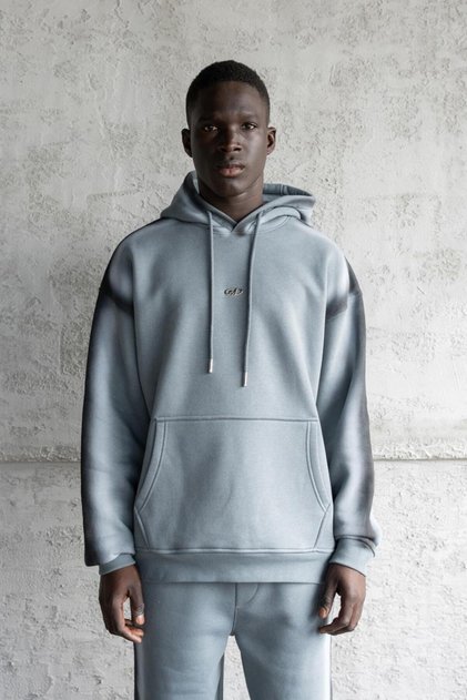 Erkek Hand Made Sprey Efektli Şardonlu Kapüşonlu Sweatshirt Mavi Duman