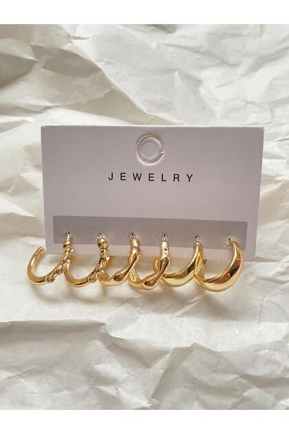 Women's Gold Color 6-Piece Hoop Earring Set | Minimal – Stone – Domed Model Earrings