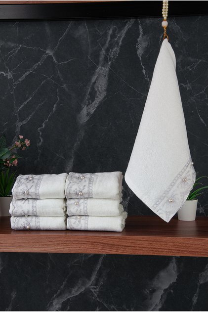 100% Cotton Velvet Guipure Lace Pearl Embroidered Set of 6 Dowry Hand Towels - 30X50 cm - 04466 - Gray