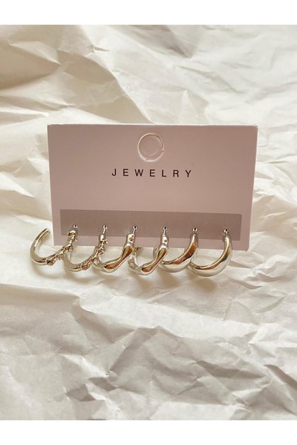 Women's Silver Color 6-Piece Hoop Earring Set | Minimal – Stone – Domed Model Earrings