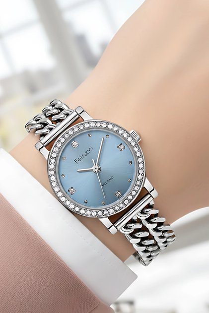 Chain Model Cord Steel Case Women Wrist Watch, Bracelet Gift Silver-Blue Color Zmfer206