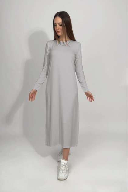 Women's Summer Long Sleeve Viscose Midi Length Crew Neck Dress Light Gray