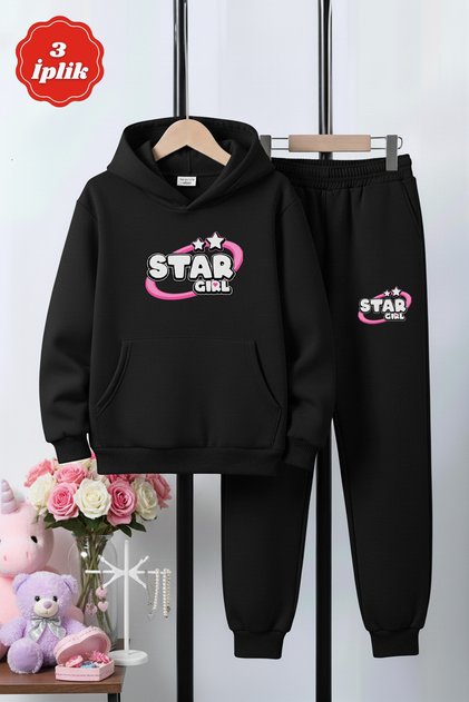 3 İplik Ş Fleece-Lined Winter Kangaroo Pocket Star Girl Print Detailed K Hooded Girls' Tracksuit Set