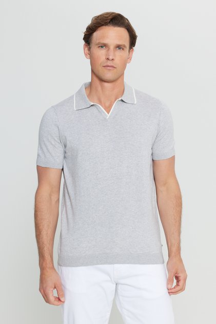Men's Light Grey-Melange 100% Cotton Standard Fit Regular Cut Polo Neck Knitwear T-Shirt