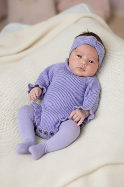 Stitch-Free Thessaloniki Knitted Sausage Collar Ruffled Baby Girl Knitwear Bodysuit Sweater & Headband Two-Piece Set