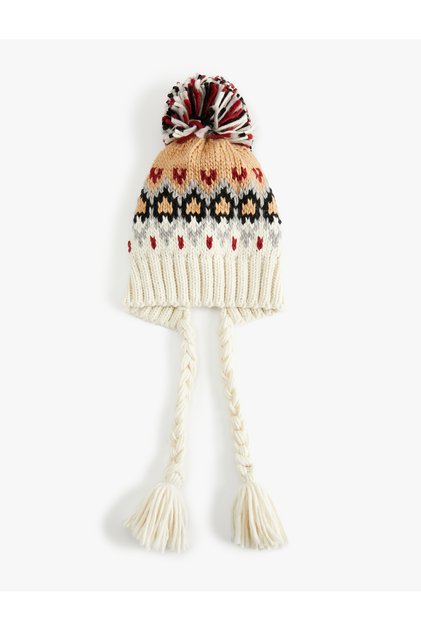 Winter Themed Multi-Colored Beanie with Pompom and Tassel Detail