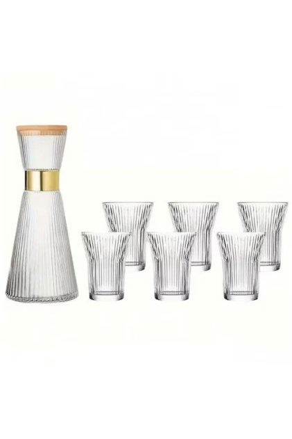Carafă specială din sticlă cu capac etanș din bambus și 6 pahare canelate - Set elegant de servire