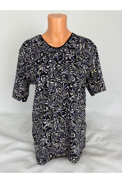 Women's Purple Black U Neck Short Sleeve Patterned Slit Woven Viscose Mother Combed Cotton T-Shirt