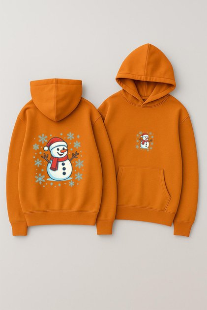 Unisex Hooded Oversized Printed Sweatshirt – Snowman with Christmas Hat Snowflakes