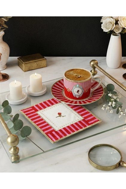 2 Pieces Red Pip Studio Compatible Embroidered Love Bird Detailed Square Cocktail Presentation Napkin