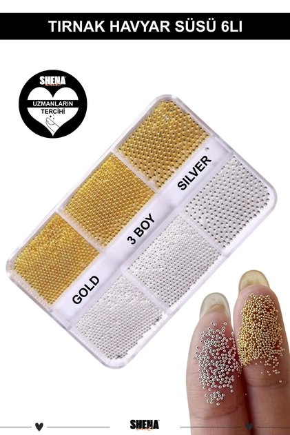 Havyar Tırnak Süsü 6lı - Gold Silver 3 Boy Boncuk Nail Art Altın Gümüş Tırnak Taşı