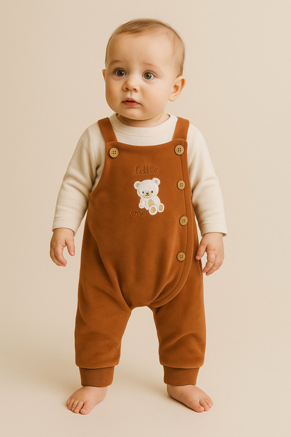 Baby Teddy Patterned Buttoned Jumpsuit Brown