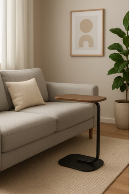 Modern C-shaped side table - wooden top and sturdy metal base