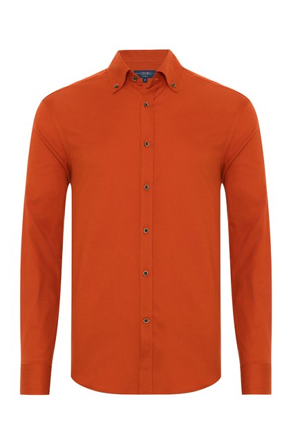 Albini Turuncu Tailor Fit Düğmeli Yaka Flanel Gömlek