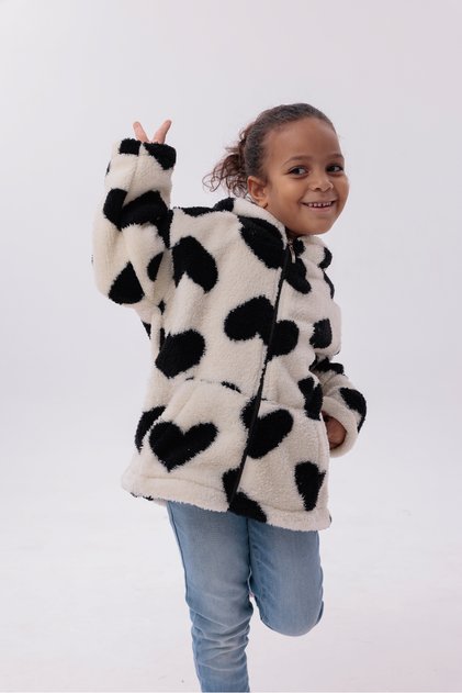 Children's Plush Coat with Heart Pattern, Hood, Kangaroo Pocket, Rb-670