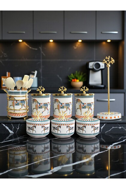 Kitchen Set 103 Spice Rack Breakfast Paper Towel Holder Spoon Holder Herm Horse Pattern Gold