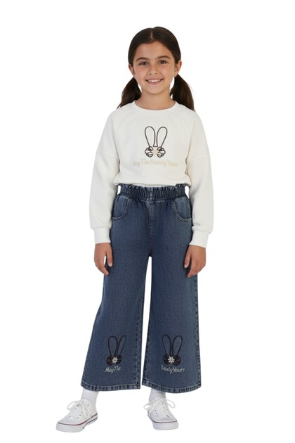 Girl's Holiday Casual Wide-Leg Palazzo Jeans-Sweatshirt Two-Piece Set