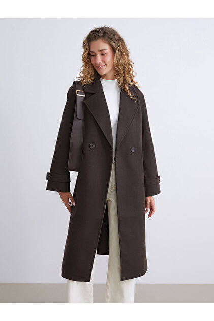雪華 LC Waikiki Modest Kahverengi Kruvaze Yaka Kadın Kaşe Kaban