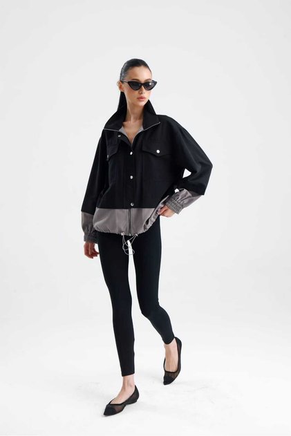 Afitos Double Color Detailed Zippered Short Trench Coat