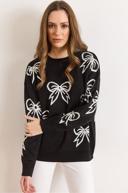 Women's Black Bow Detailed Oversized Knitwear Sweater Kzk-19000971