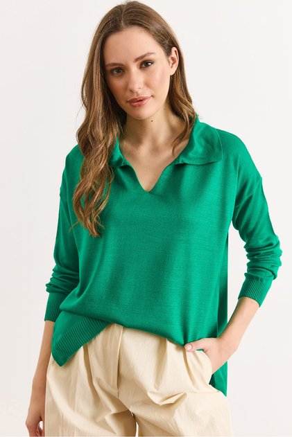 Women's Green Polo Neck Basic Knit Sweater Kzk-19000871