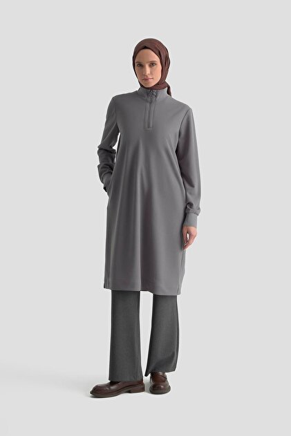 Armine TREND Kolları ve Yakası Ribanalı Yarım Fermuarlı Crep Tunik