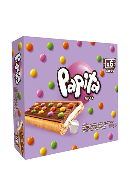 Papita Milky 24 buc x 33 gr Biscuiți cu cremă de lapte, acoperiți cu ciocolată și bomboane multicolore