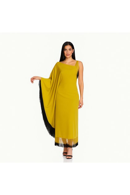 Women's red shantung dress with fringe; Women's yellow shantung dress with fringe