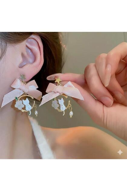 Pink Ribbon and Pearl Dangle Flower Cat Earrings