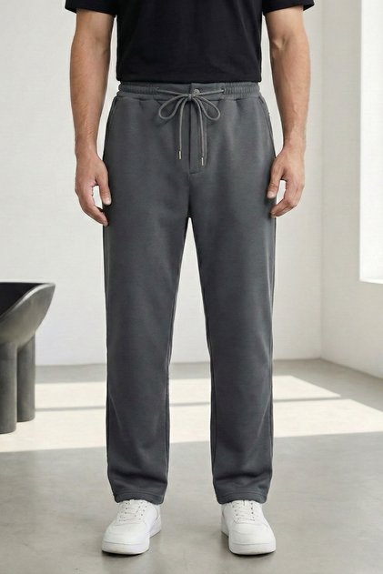 Anthracite Three Thread Sh Fleece-Lined Comfortable Cut Men's Trousers with Fleece Inside and Elastic Waist