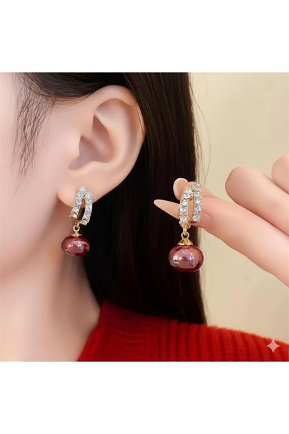 Burgundy Red Pearl Double Ring Stone Earrings