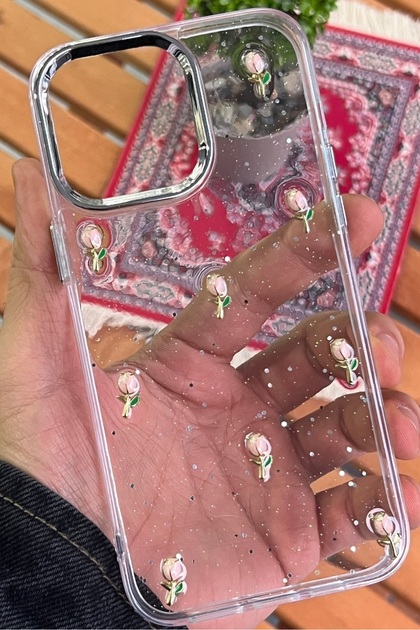 iPhone 16 Pro - Transparent Glittery Red Rose Pattern Cover with Camera Protrusion Shiny Case — Color: Tulip