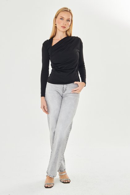Asymmetrical Neck Gathered Sandy Long Sleeve Blouse - 732