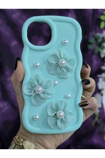 iPhone 12/12 Pro Compatible Water Green Pearl & Tulle Floral Stylish Phone Case
