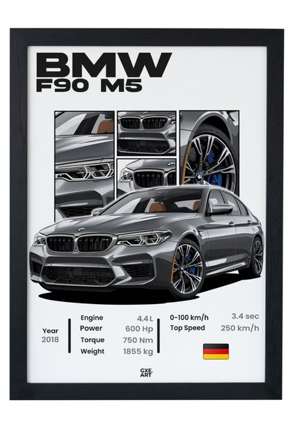 BMW F90 M5 4.4 TwinPower Super Sedan Siyah Çerçeveli Poster Tablo Duvar Dekoru