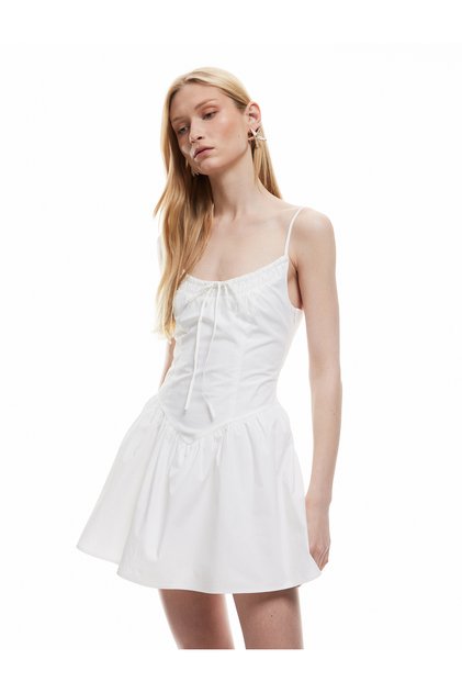 Cotton A-Line Mini Dress with Slim Straps and Front Tie Detail