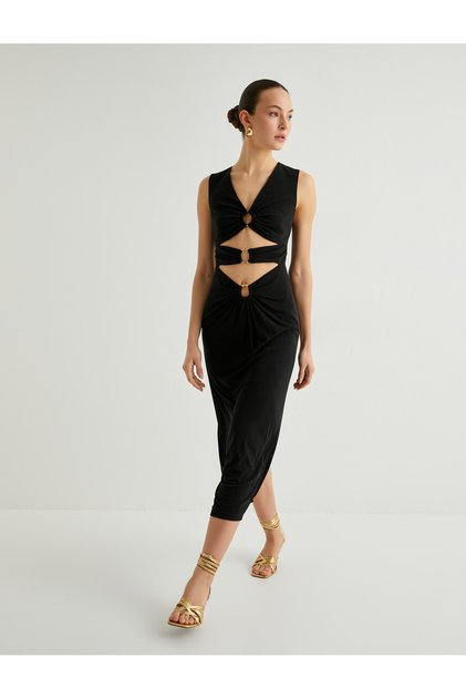 Window Detailed Long Dress Sleeveless Metal Accessory Detailed Slit