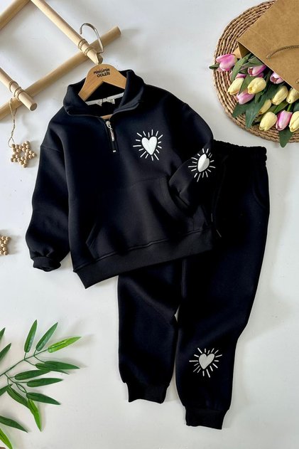 My Little One's Winter Kangaroo Pocket Girl's Suit with Heart Embroidery Detail - Black