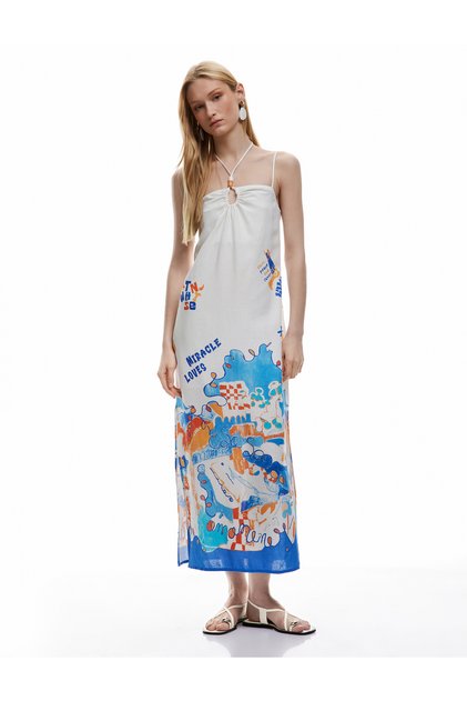 Sleeveless Halter Neck Detail Slit Patterned Thin Strap Midi Dress
